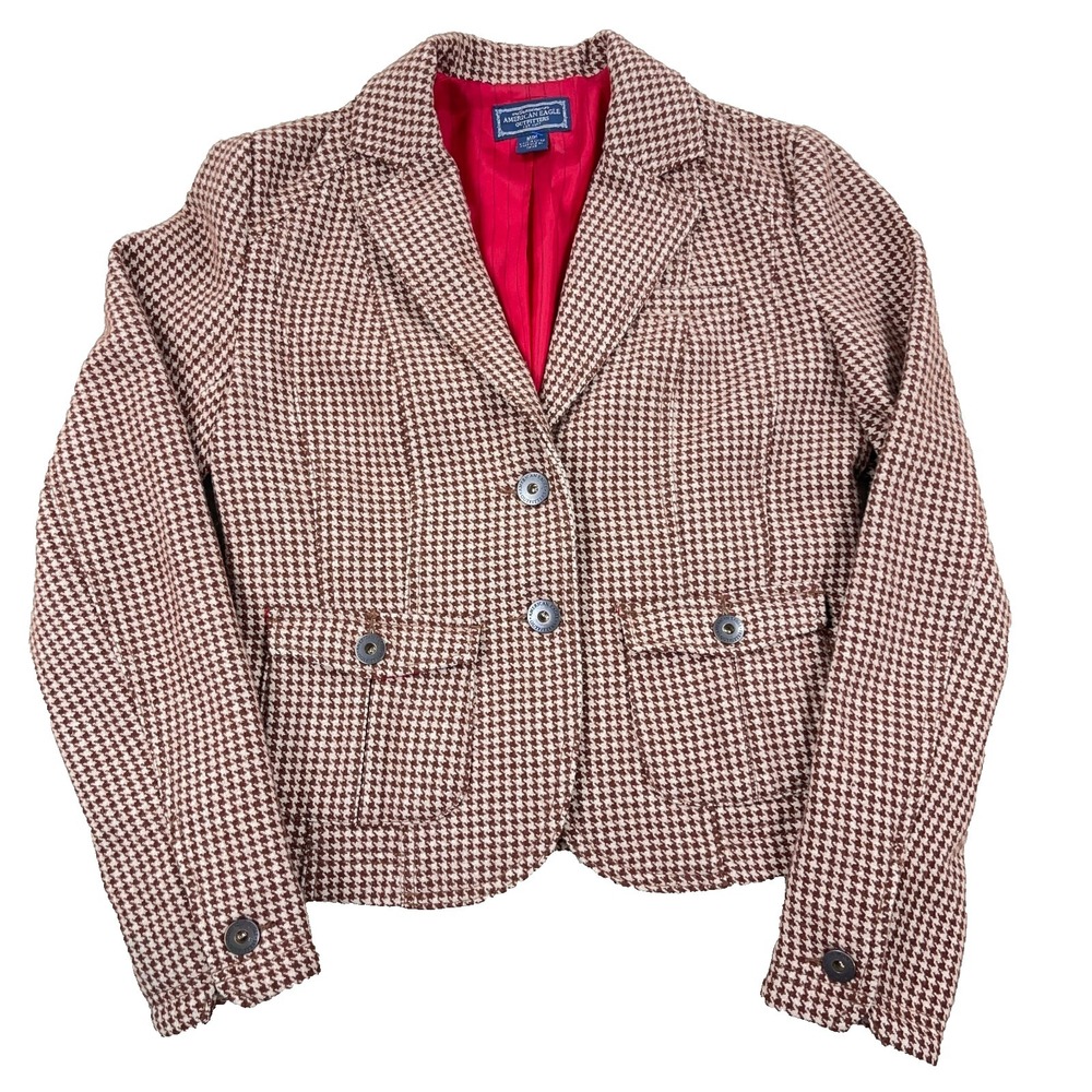 Vintage Y2K American Eagle Blazer Jacket Women Medium Brown Wool Houndstooth 90s
